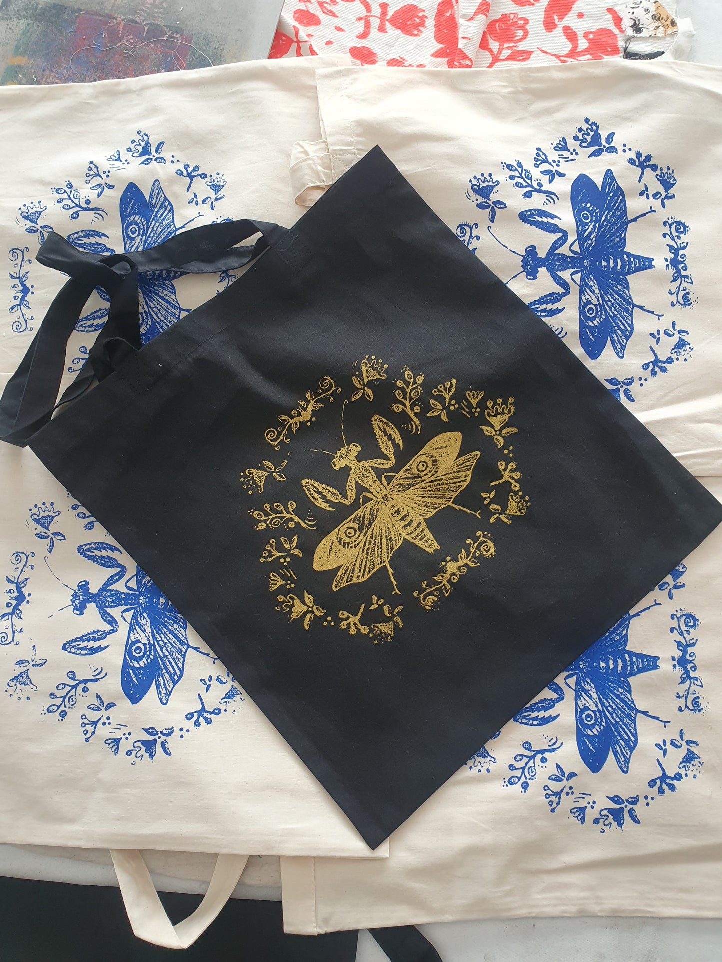 Bolsa tela tote bag Mantis dorada