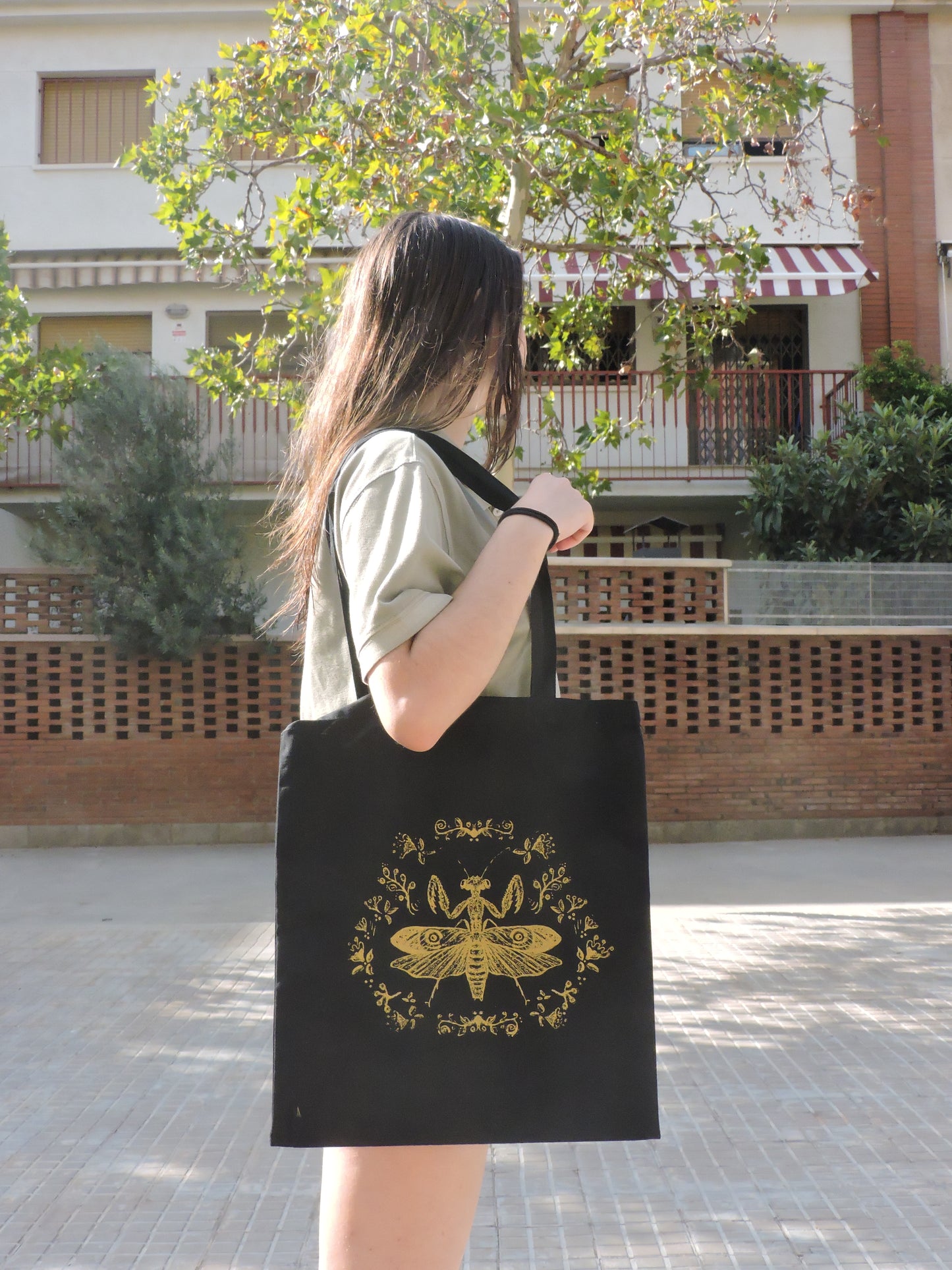 Bolsa tela tote bag Mantis dorada