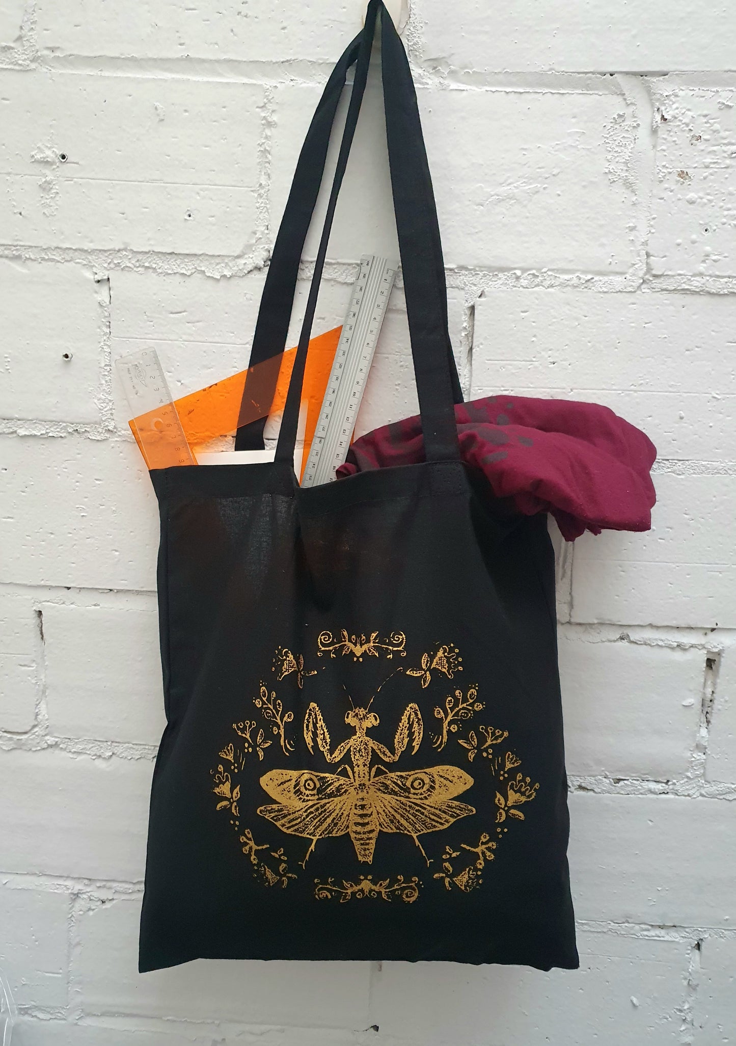 Bolsa tela tote bag Mantis dorada